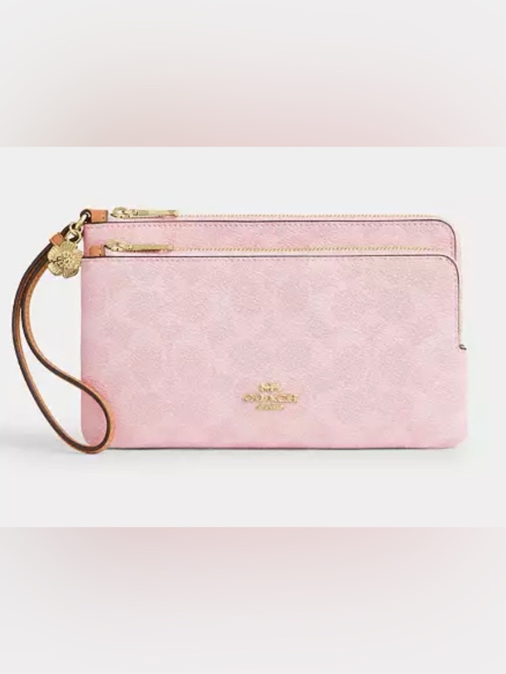 Coach Double Zip Wristlet Powder Pink Signature Canvas with charm NWOT